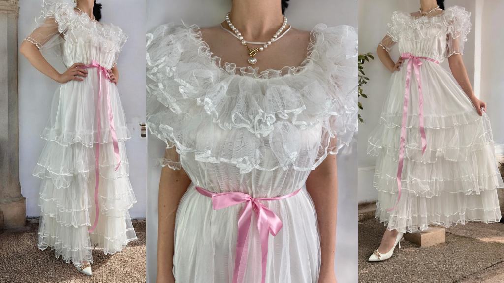 Vintage 70s Ruffled Tulle Wedding Dress