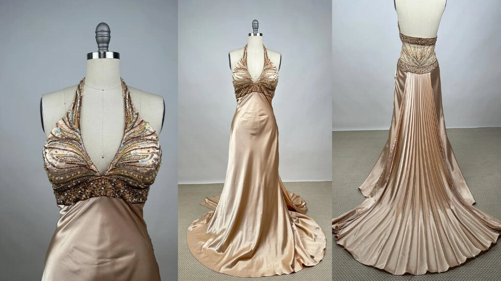 Elegant Vintage Ivory Beaded Halter Gown