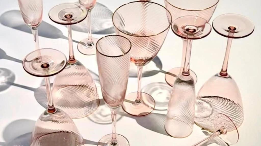 Vintage Pink Glass Wine Glasses with Gold Rim