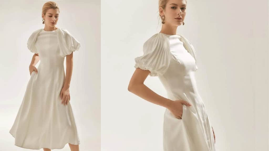 White Silk Midi Dress with Puff Sleeves