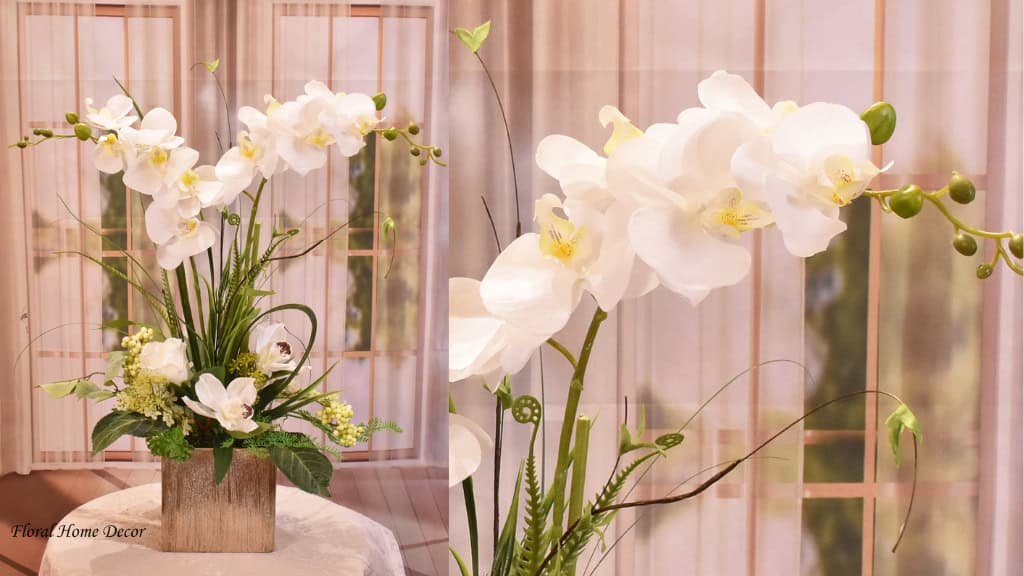 White Silk Orchids in Gold Vase