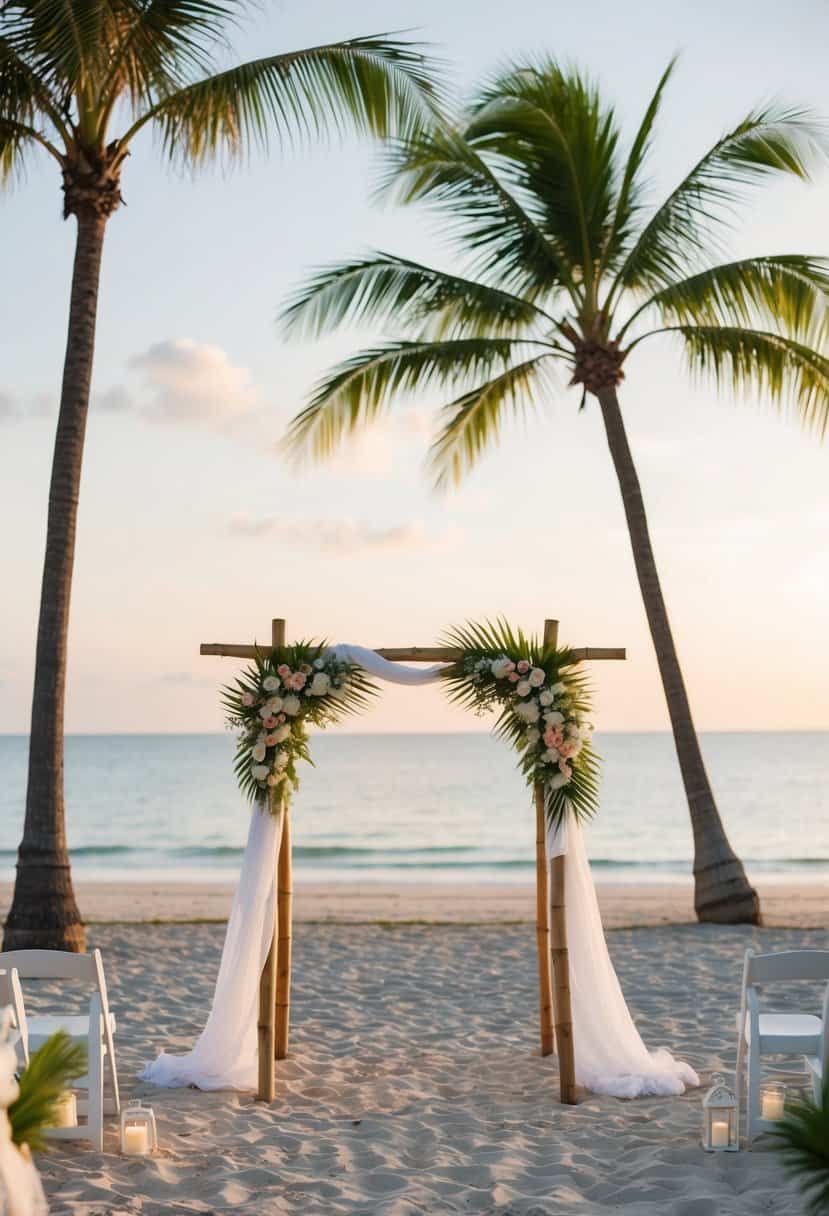 A serene beach at sunset, with palm trees, a gentle breeze, and a simple bamboo wedding arch adorned with white fabric and tropical flowers