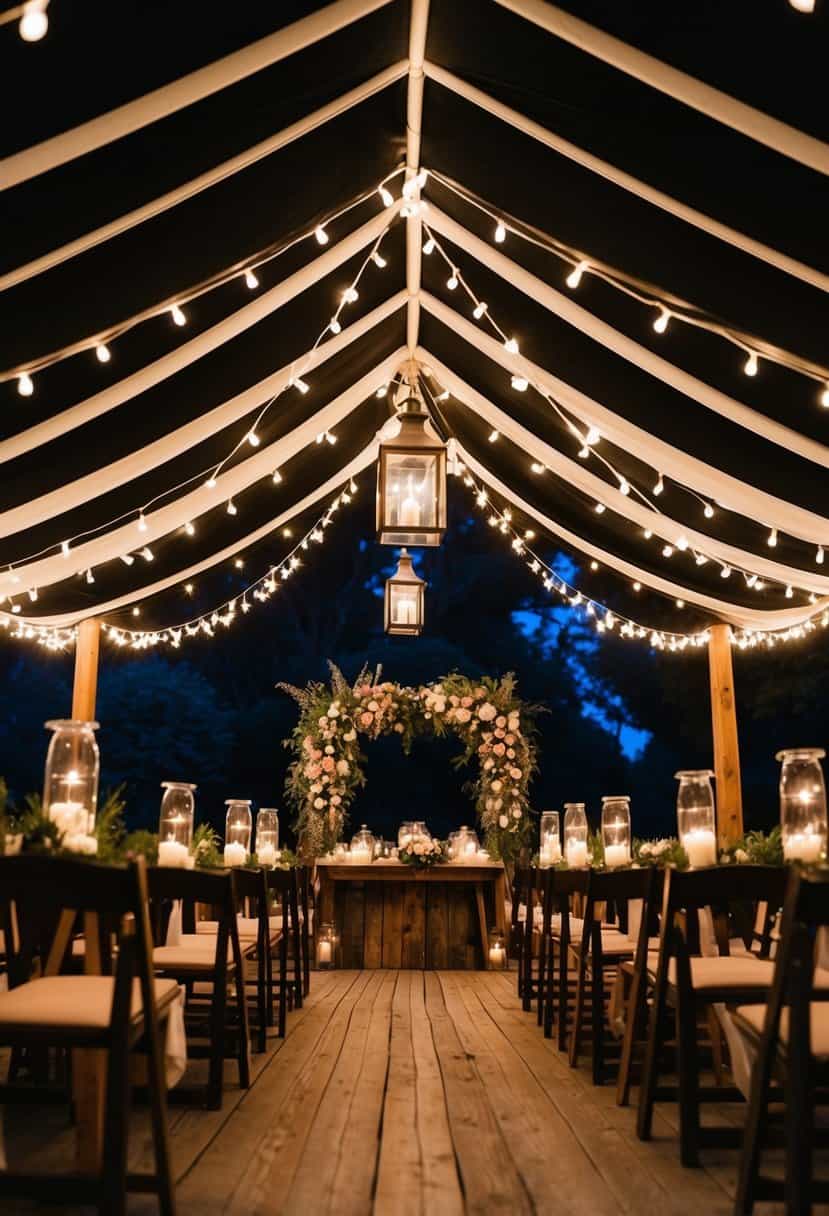 A cozy outdoor wedding under a canopy of twinkling stars, with fairy lights and lanterns illuminating the rustic decor and floral arrangements