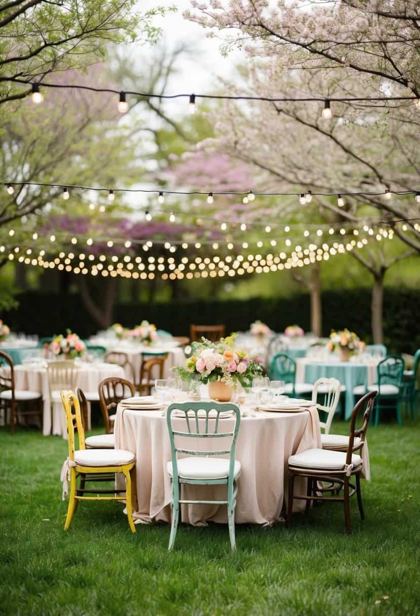 A charming vintage garden party with string lights, floral centerpieces, and mismatched vintage furniture under a canopy of blooming trees