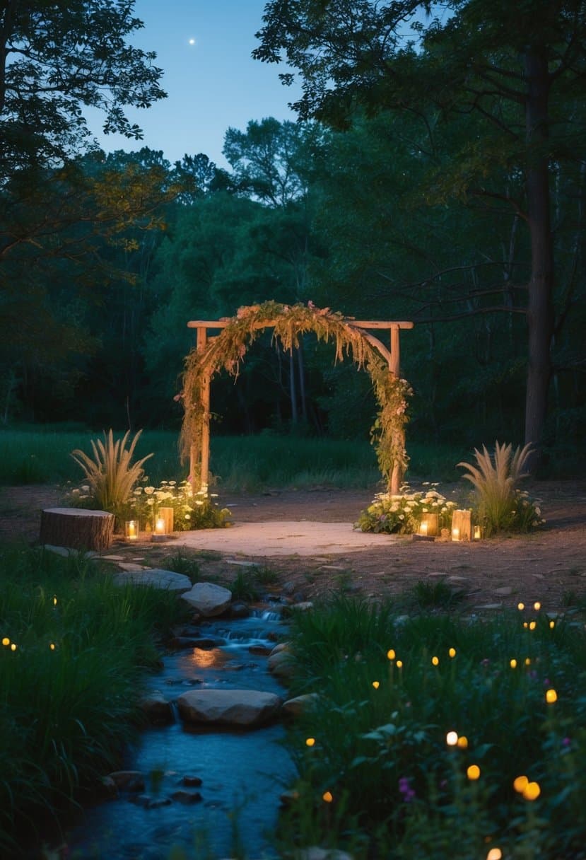 A woodland clearing with a rustic arch and wildflower decor. A small stream flows nearby, and fireflies light up the dusk