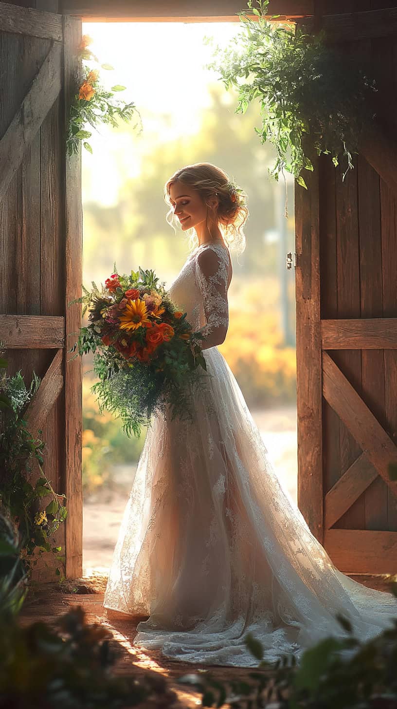 Bride with Flowers in the Barn Entrance