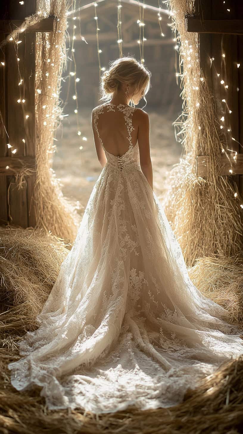 Bride's Dress Fanned Out in the Hayloft