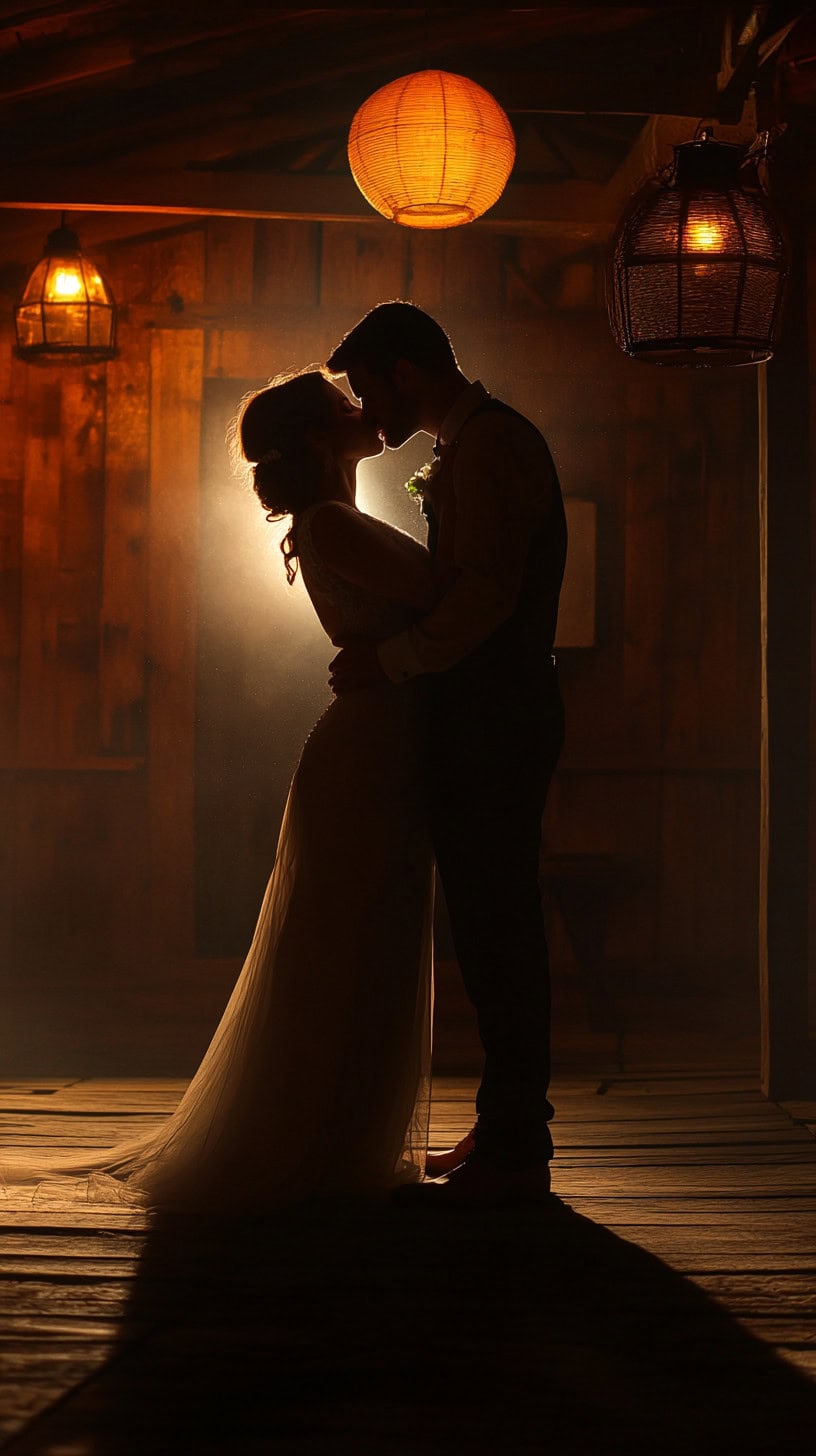 Dramatic Dip Kiss Under Barn Lanterns