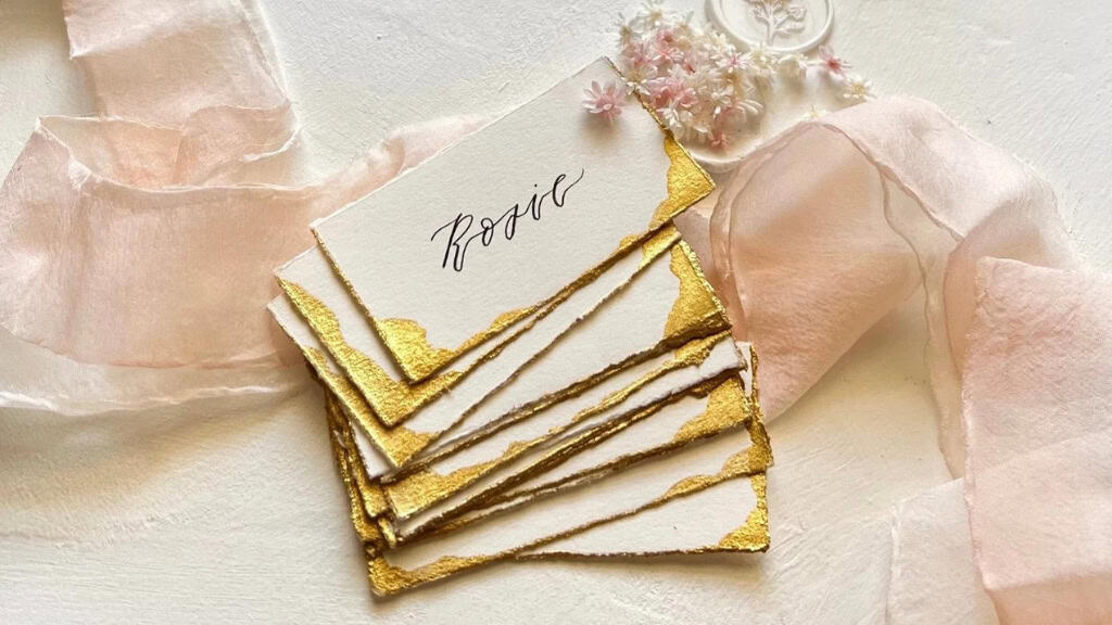 Gold Wedding Place Cards with Calligraphy