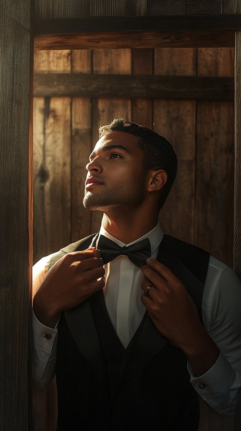 Groom Fixing His Bow Tie in the Barn