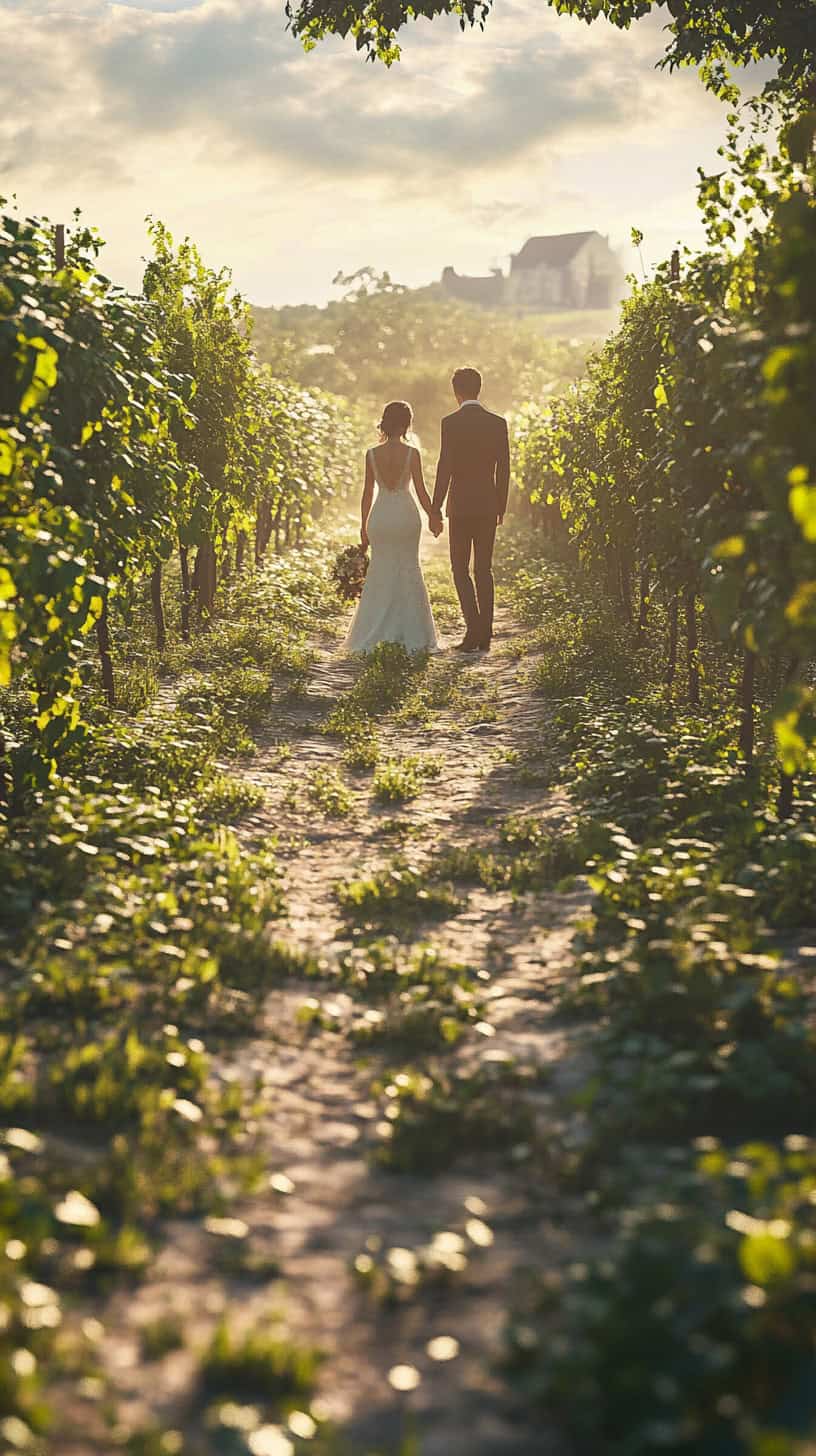Hold Hands on a Rustic Vineyard Path