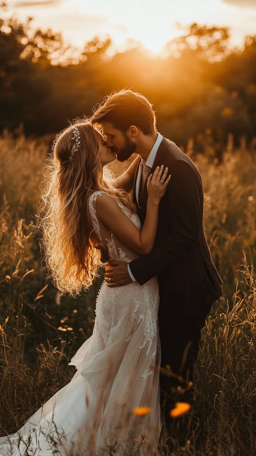 Sunset Kiss in Meadow
