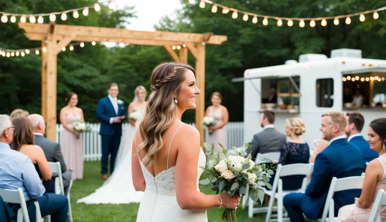 A charming outdoor wedding ceremony with DIY decor, string lights, and a rustic arch. Guests enjoy a budget-friendly reception with a food truck and casual seating