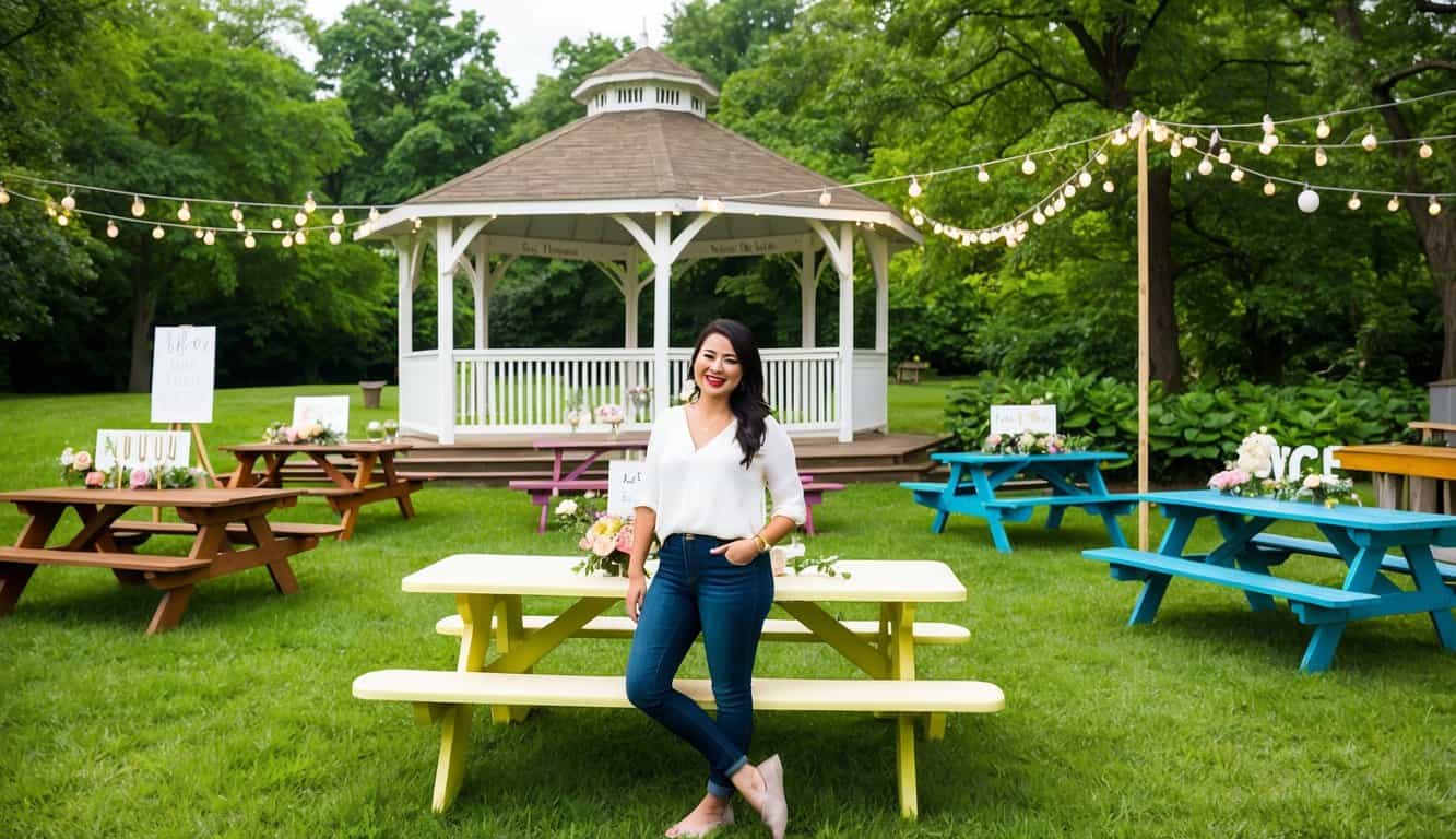 A colorful outdoor park venue with a gazebo, picnic tables, and lush greenery. Decorated with string lights, flowers, and DIY wedding signage