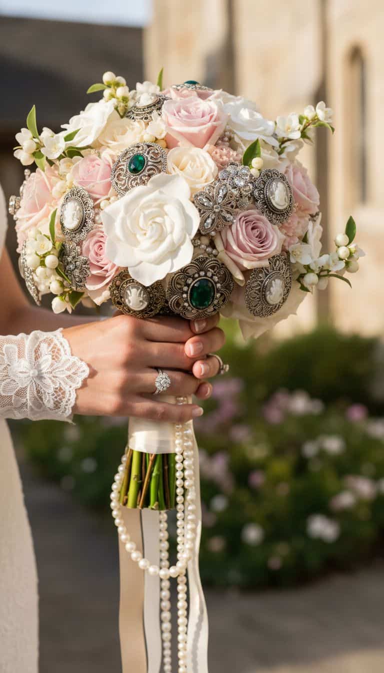 Brooch-Embellished Vintage Wedding Bouquet with Pearls