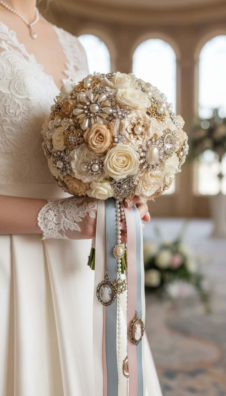 Victorian-Inspired Vintage Wedding Bouquet with Brooches