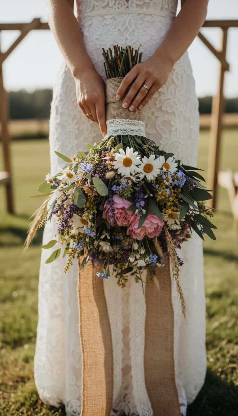 Wildflower Vintage Wedding Bouquet with Burlap