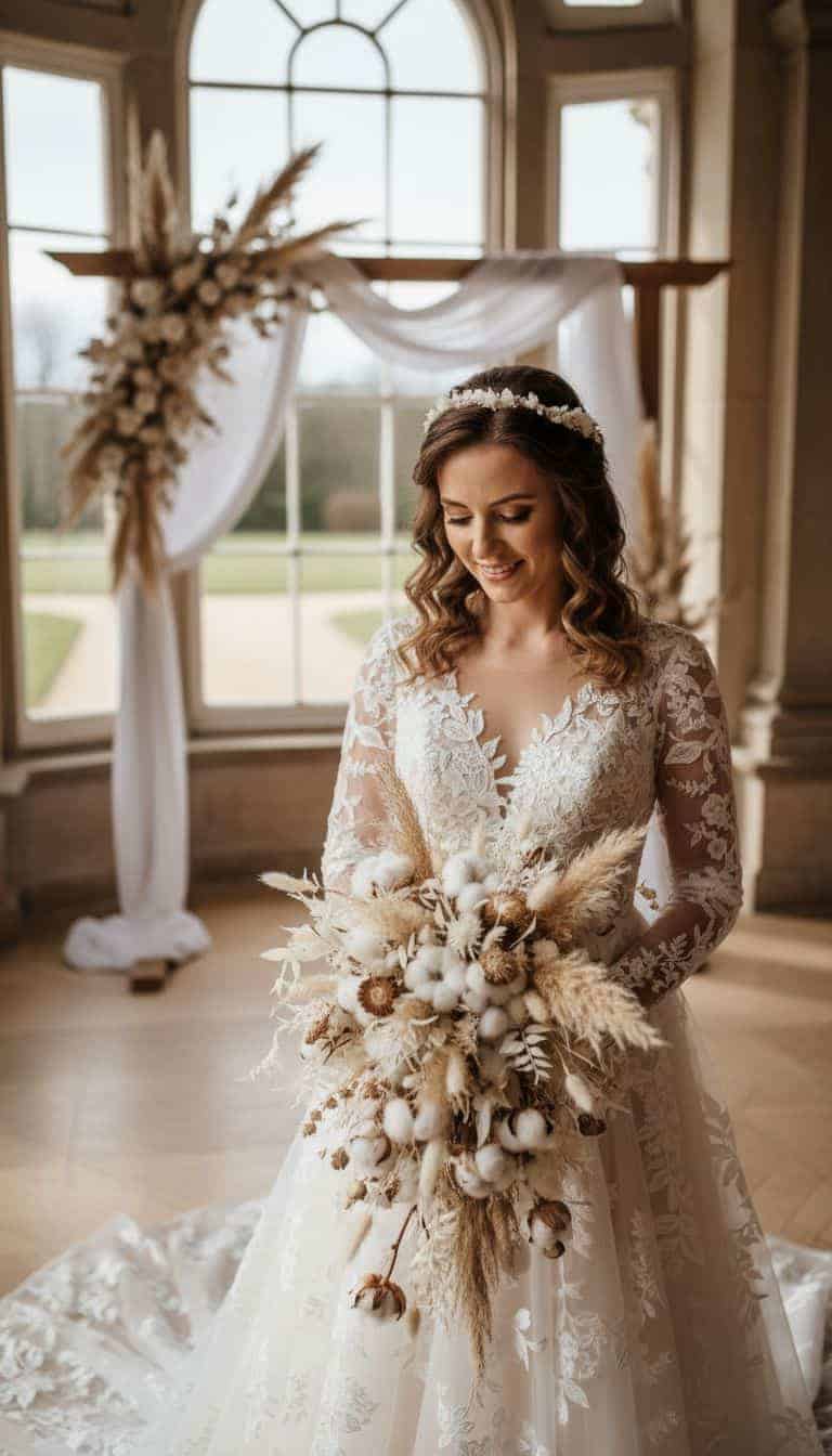 Cotton and Pampas Grass Wedding Bouquet