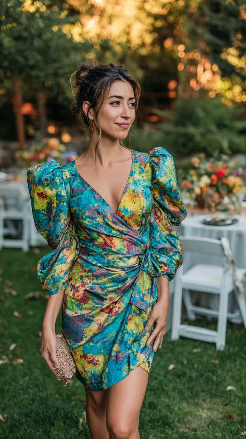 Wrap Dress with Puff Sleeves - Image 2