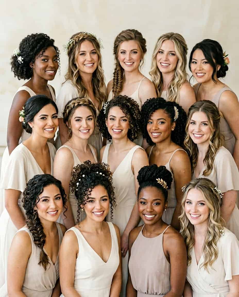 Fourteen women standing in a bright studio, each wearing a different natural bridal hairstyle ranging from defined curl halos to sleek low buns and fishtail braids.