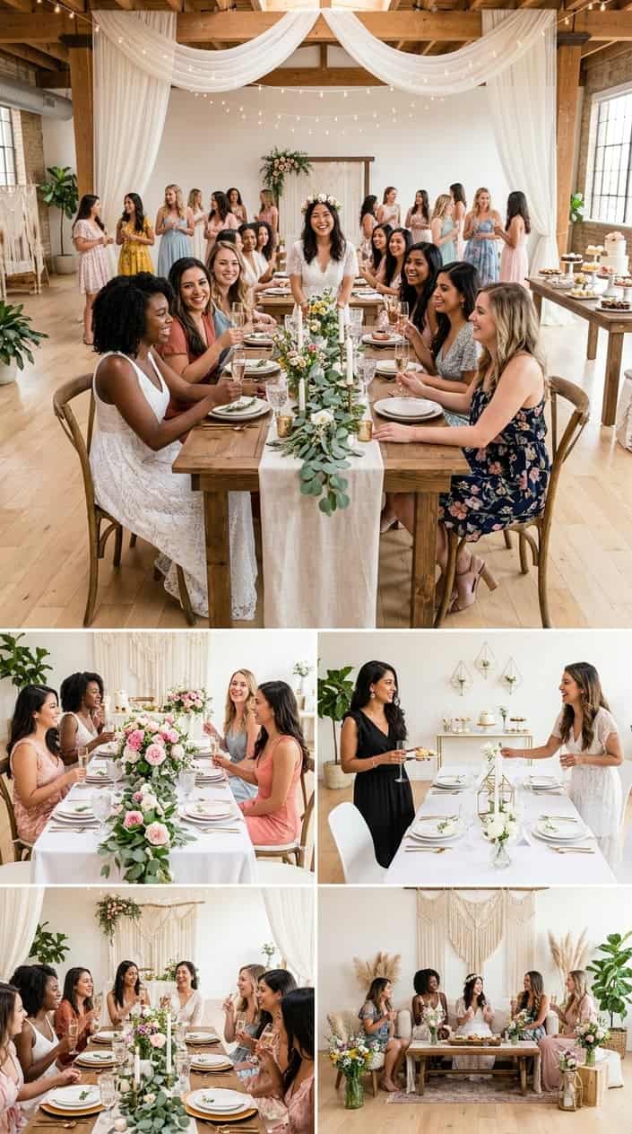 Women gathered around a long decorated table with fresh florals, candles, and layered place settings in a bright, airy event space.
