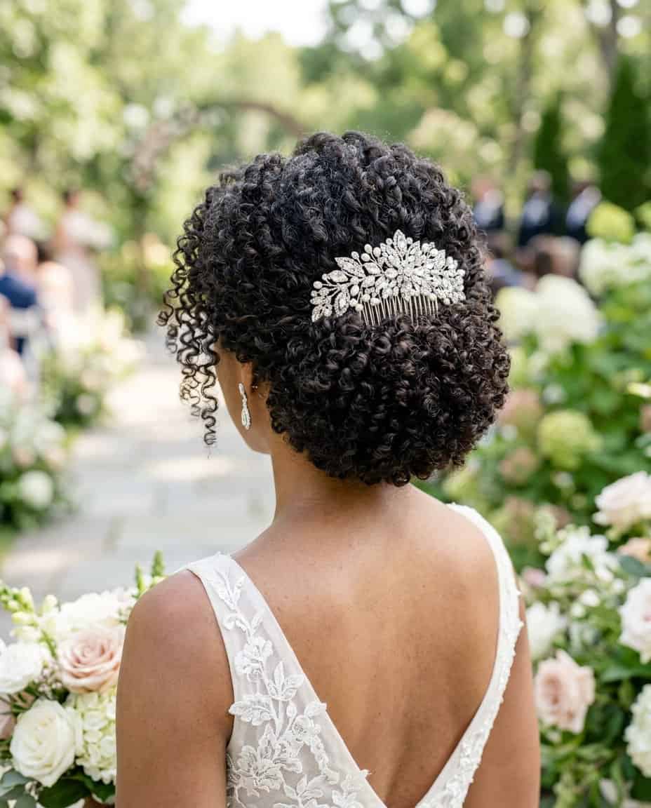 Close-up of a woman with defined natural curls shaped into a halo, a jeweled cathedral comb anchoring a veil at the back of her head.