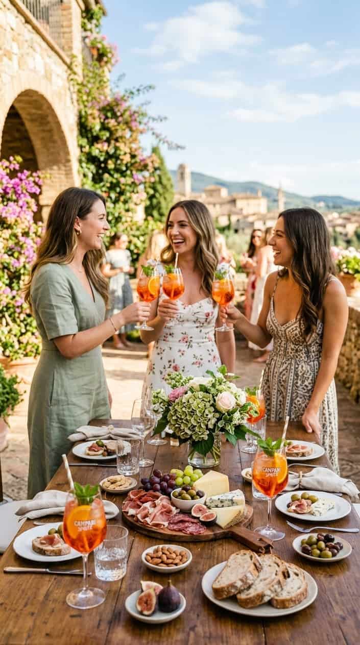 A low table set with multiple small boards of olives, cured meats, and aged cheeses, alongside mismatched glasses filled with Campari spritz and clusters of votive candles.