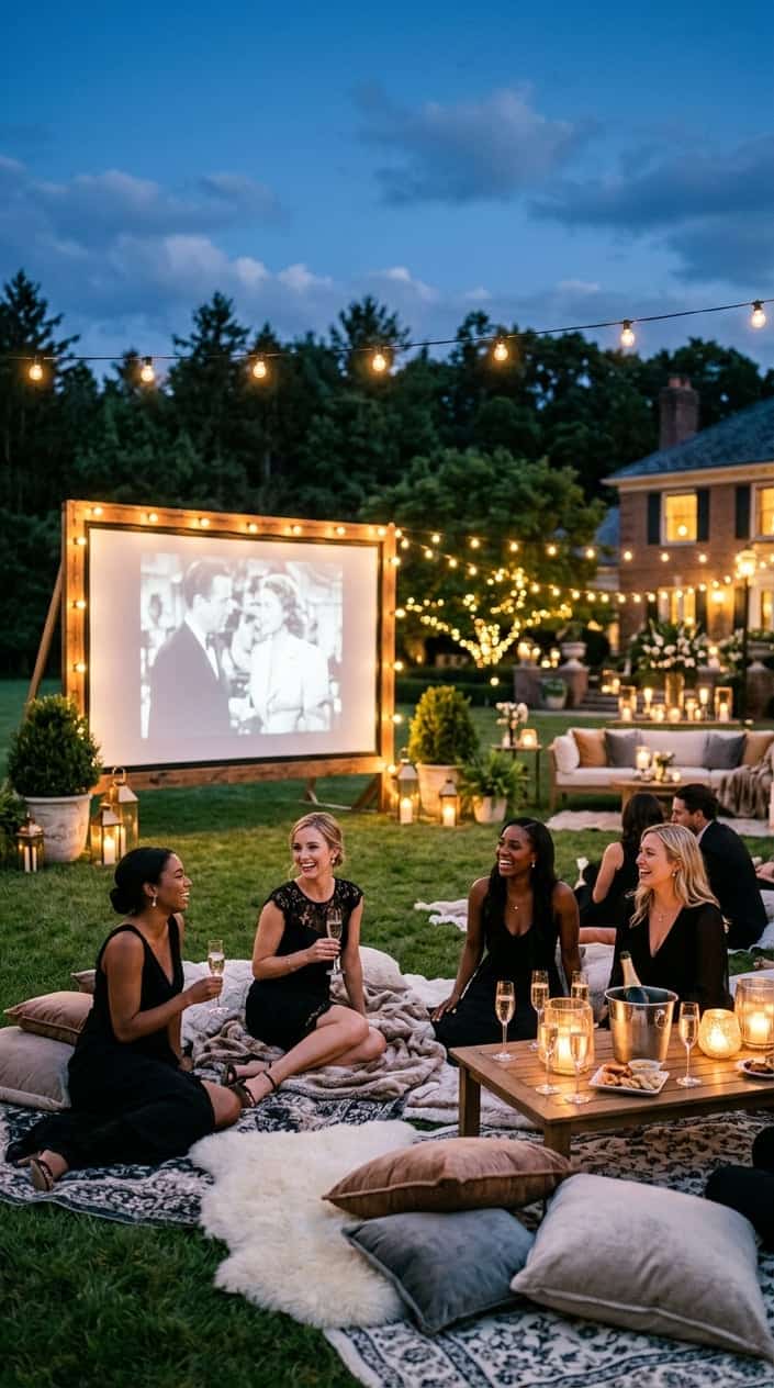 An outdoor evening screening with guests in formal attire seated on faux fur throws and low lounge cushions, holding champagne flutes, a large illuminated screen behind them and string lights overhead.