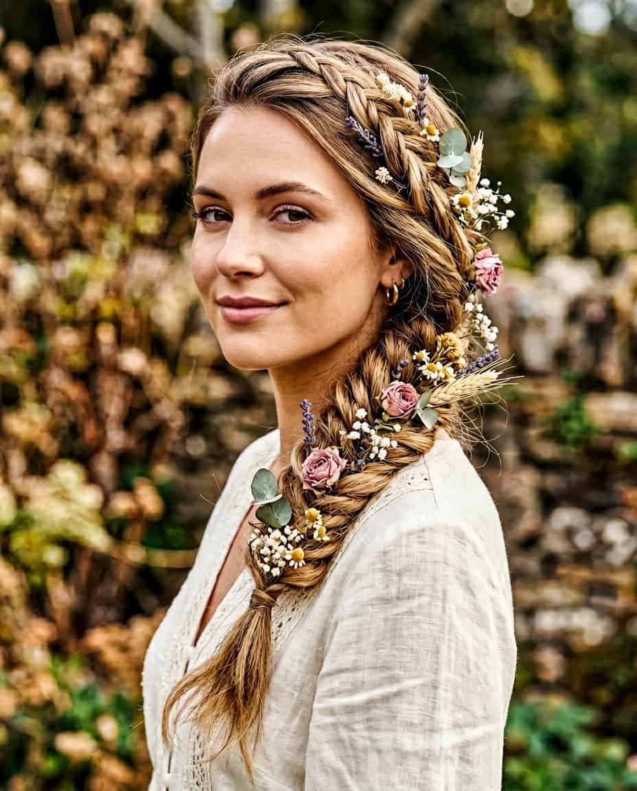 Close-up of a loosely woven fishtail braid with dried botanical flowers tucked throughout the crisscross pattern.