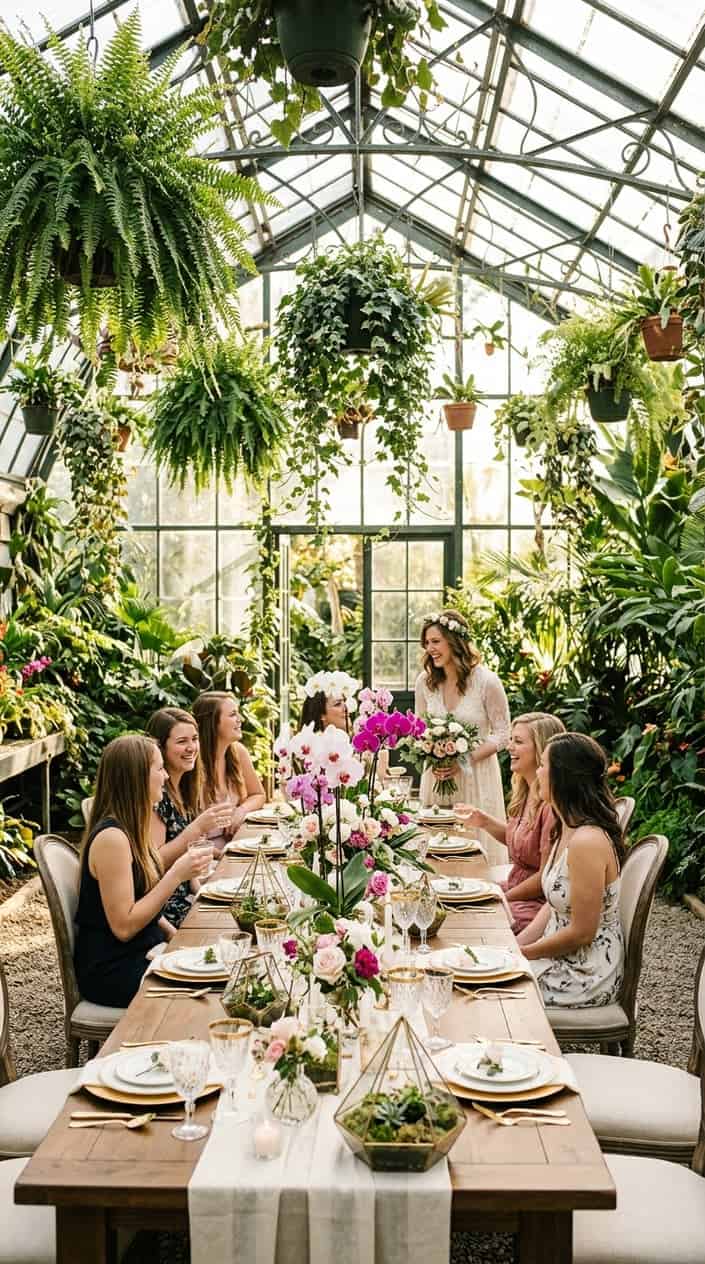 A bridal shower inside a glass greenhouse with hanging ferns suspended from steel beams, orchid centerpieces on long tables, and small glass terrariums at each place setting.