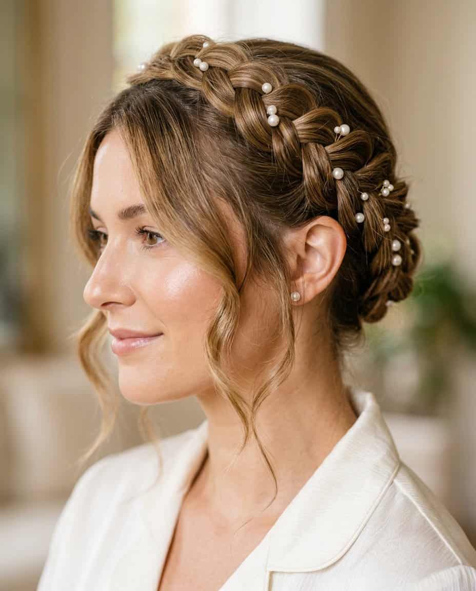 Close-up of a woven braid wrapping around the head like a halo, with soft face-framing tendrils and tiny pearl accents nestled into the braid.