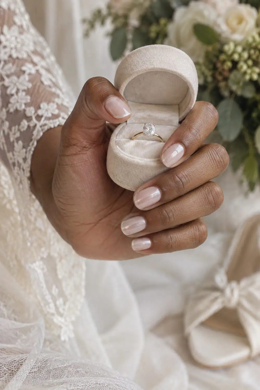 Bridal deep olive hand with short oval nails, barely pink base with subtle smooth chrome sheen, holding a matte ivory ring box