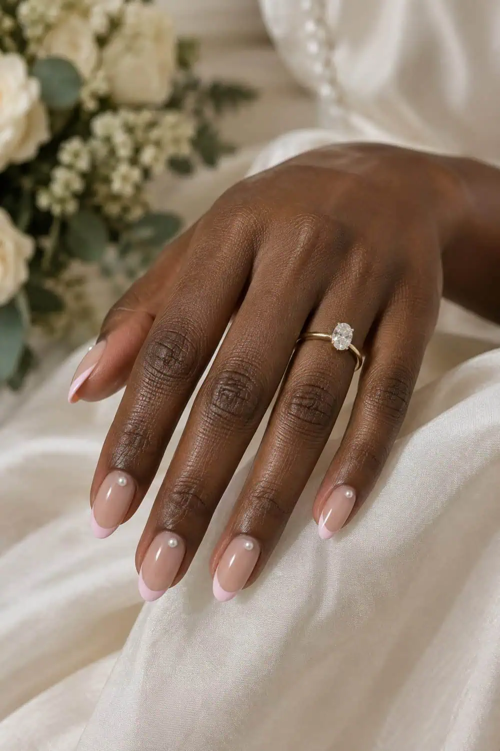 adult bride's deep-brown hand with medium almond nails, sheer nude base, thin blush French tips and one tiny pearl at each cuticle, ivory silk