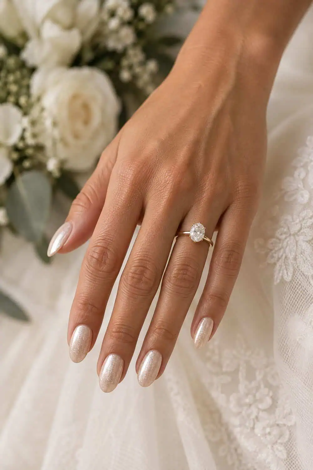 Bridal warm tan hand with medium almond nails painted pale champagne with fine shimmer, simple gold engagement ring, cream background
