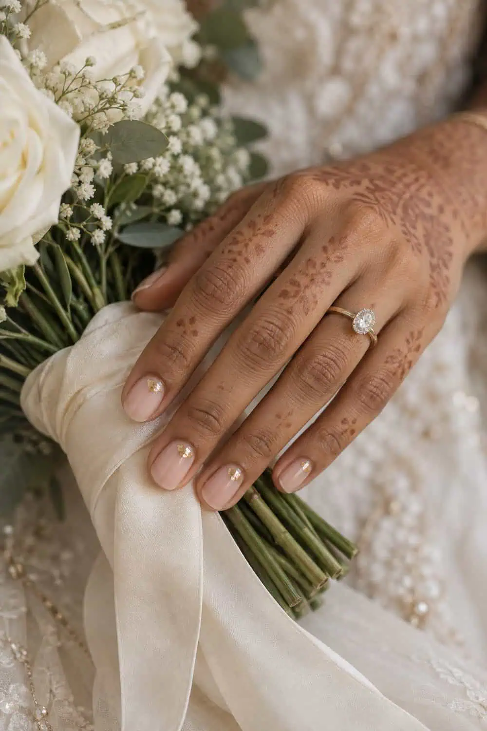 Bridal South Asian hand with short rounded nails, sheer beige-pink polish and sparse tiny gold foil flecks near cuticles, ivory bouquet ribbon