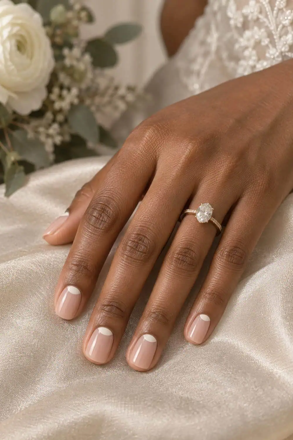 Bridal medium-brown hand with short squoval nails, sheer nude base and small ivory half-moons at cuticles, on champagne fabric
