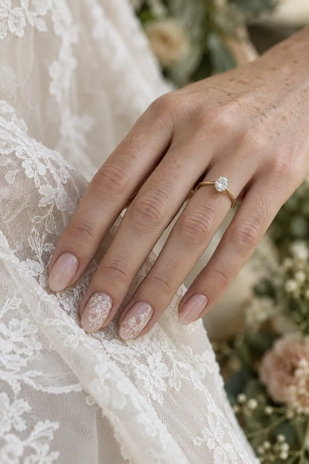 Bridal fair freckled hand with medium oval nails, translucent nude base, fine ivory lace-inspired linework on two nails only, lace fabric nearby