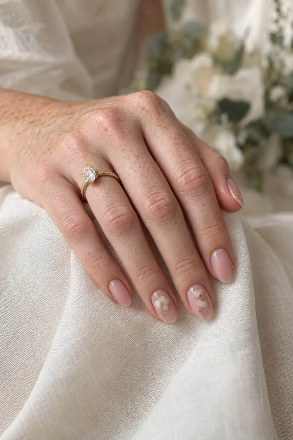 adult bride's fair freckled hand with medium oval nails, sheer pink polish and tiny dried ivory flower petals encapsulated on two accent nails, cream fabric