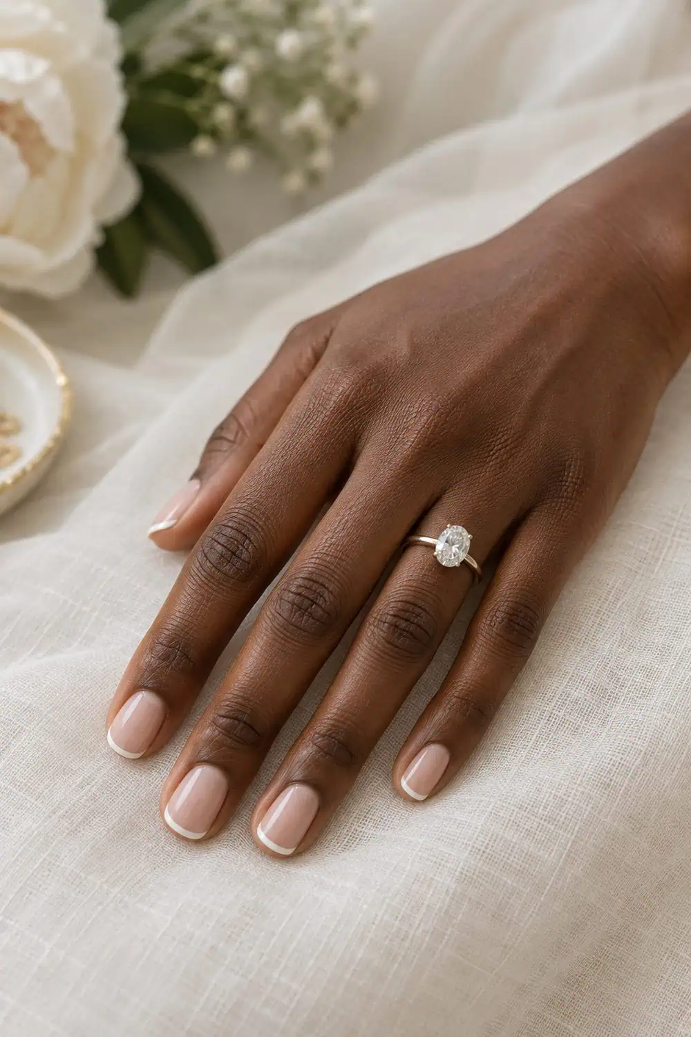 Bridal deep-brown hand with short soft-square nails, sheer nude base and extremely thin white French tips, on ivory linen
