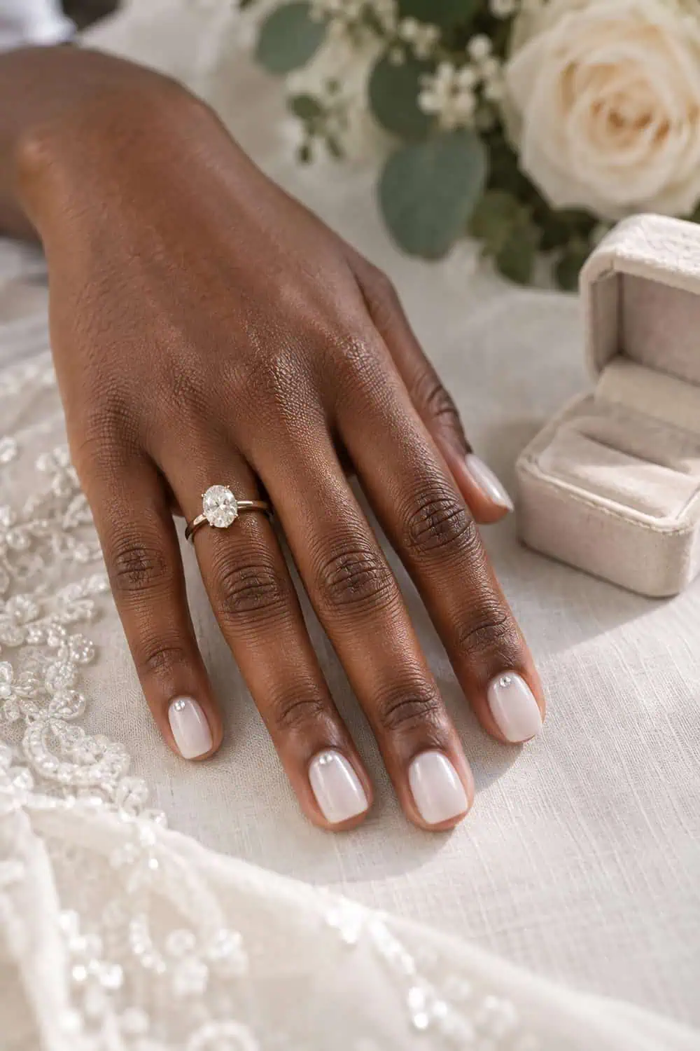 adult bride's dark-brown hand with short squoval nails painted translucent milky white, sparse tiny clear crystals near two cuticles, ring box nearby