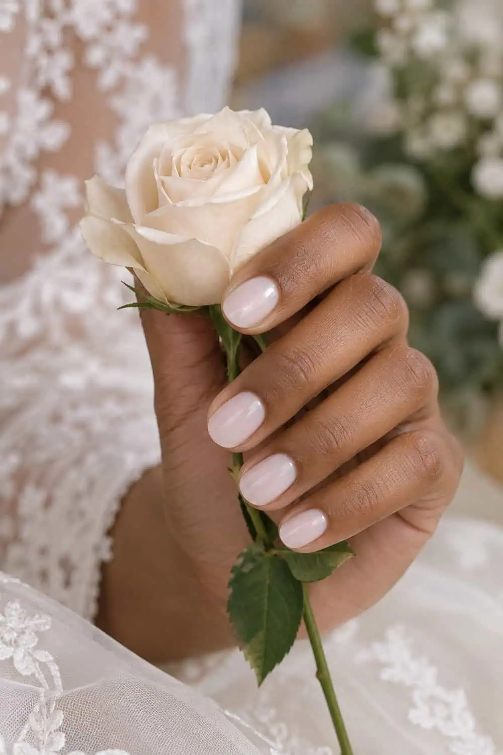 Bridal light-brown hand with short oval nails painted translucent milky white, holding a small cream rose
