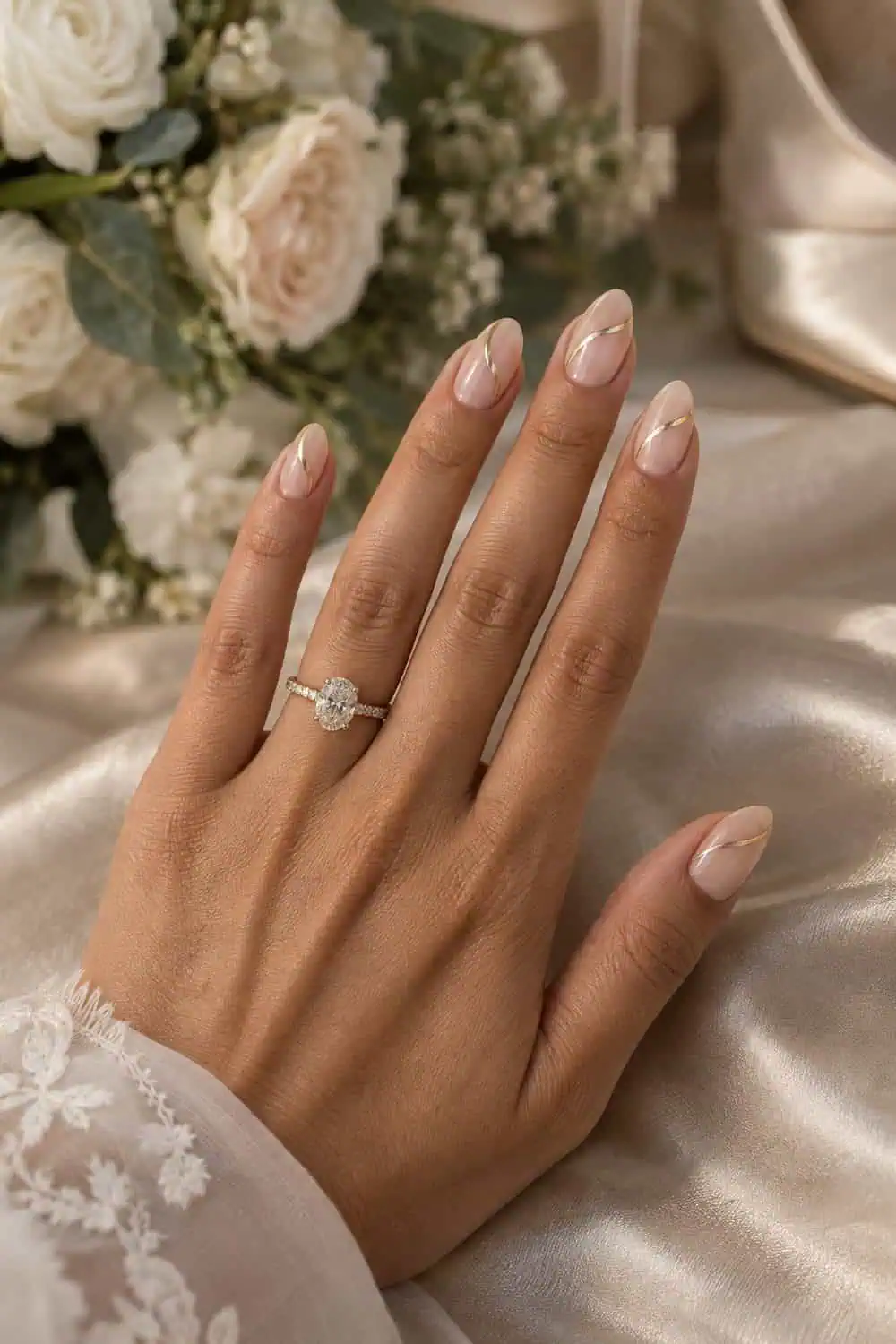 adult bride's olive-toned hand with medium almond nails, sheer nude base and one thin curved gold ribbon line across every nail, champagne satin