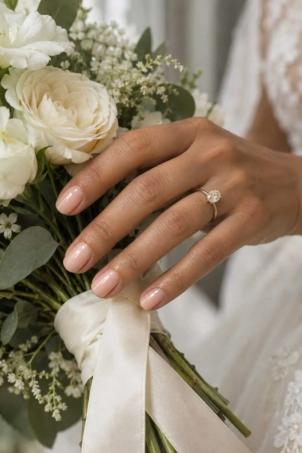adult bride's warm tan hand with short squoval nails painted translucent soft peach with a fine glazed sheen, ivory bouquet ribbon