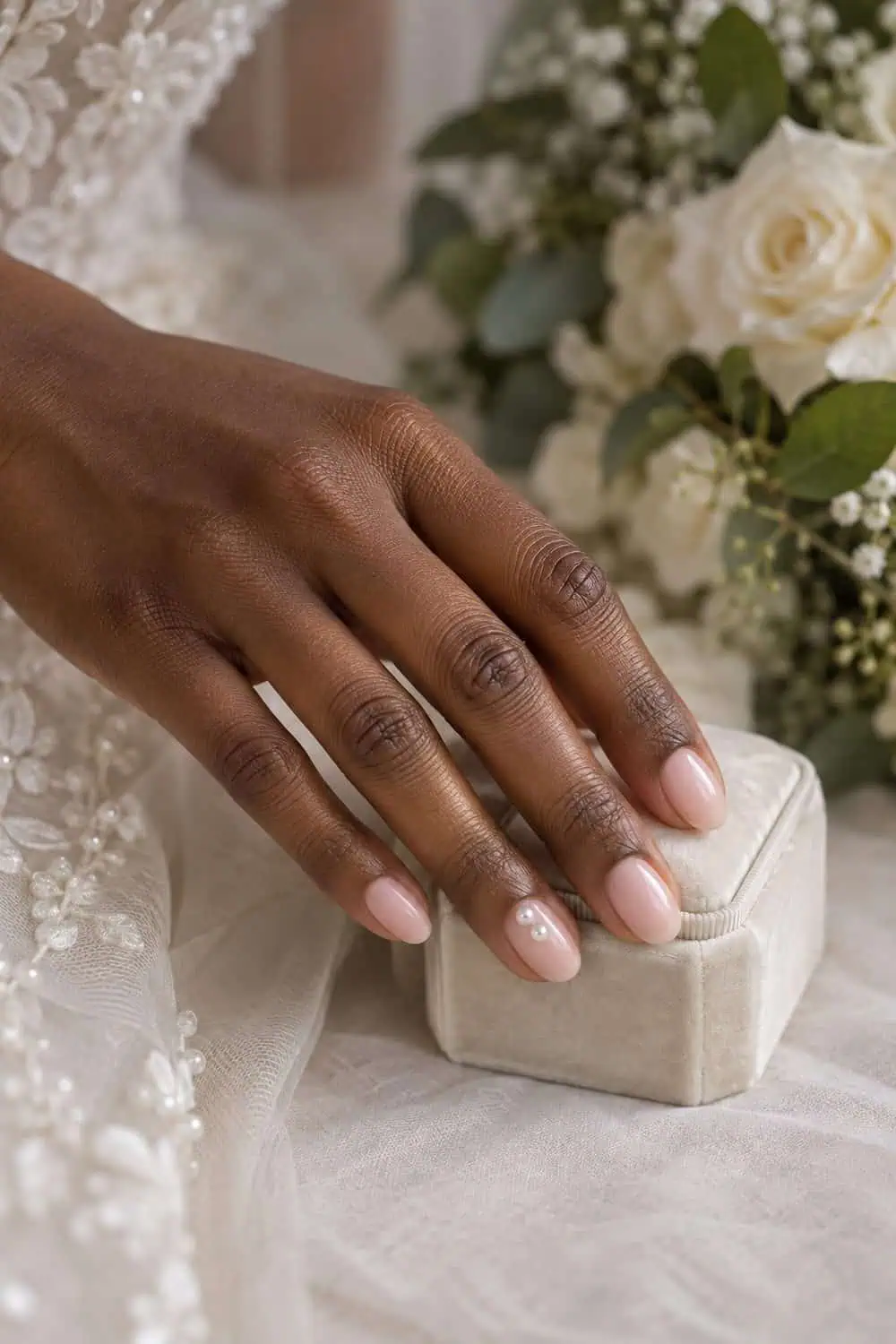 Bridal dark-brown hand with short almond nails painted sheer pink, tiny pearl accents only on both visible ring-finger nails, ivory ring box