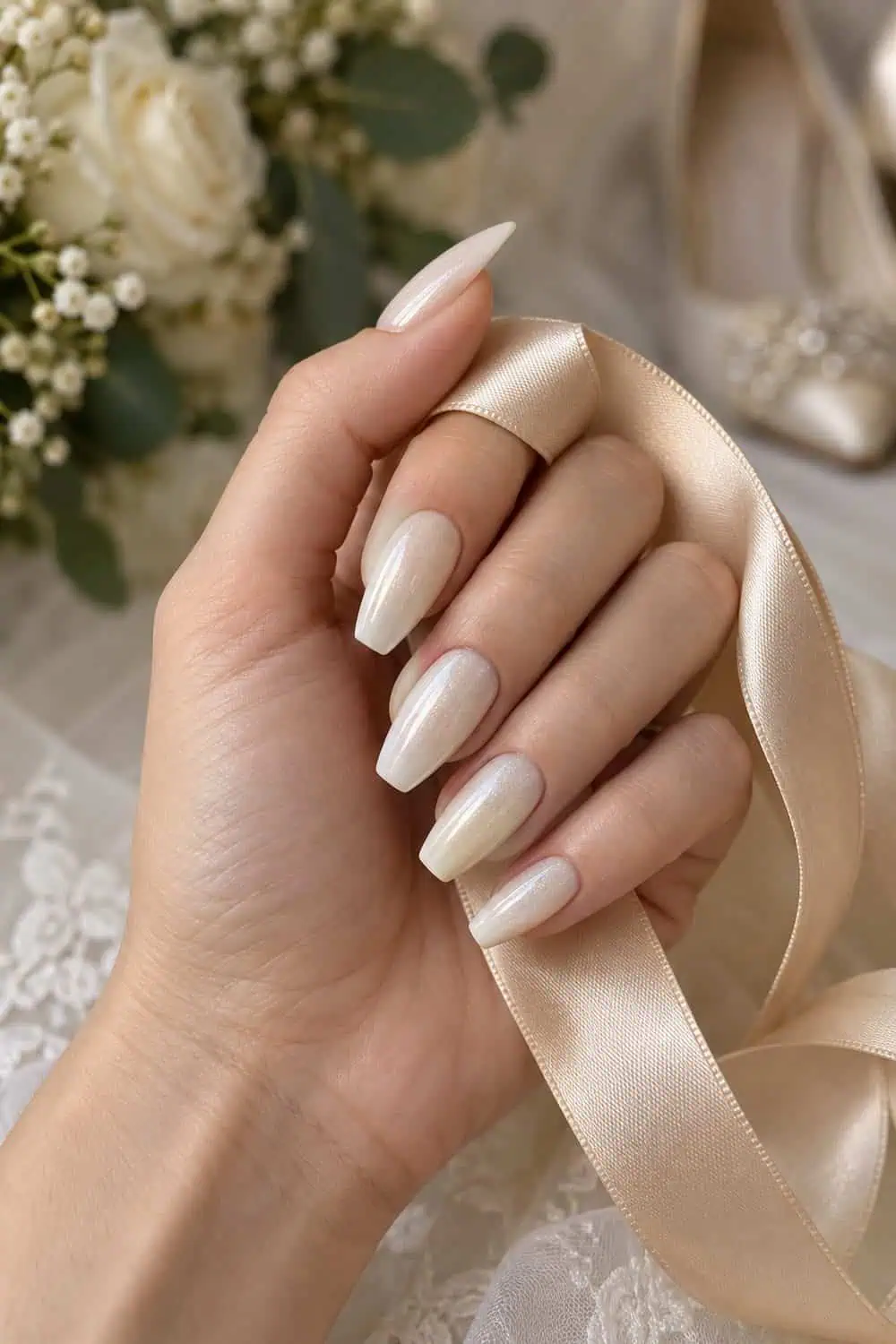 Bridal fair hand with medium coffin nails, pale ivory polish under fine pearl glaze, holding champagne satin ribbon