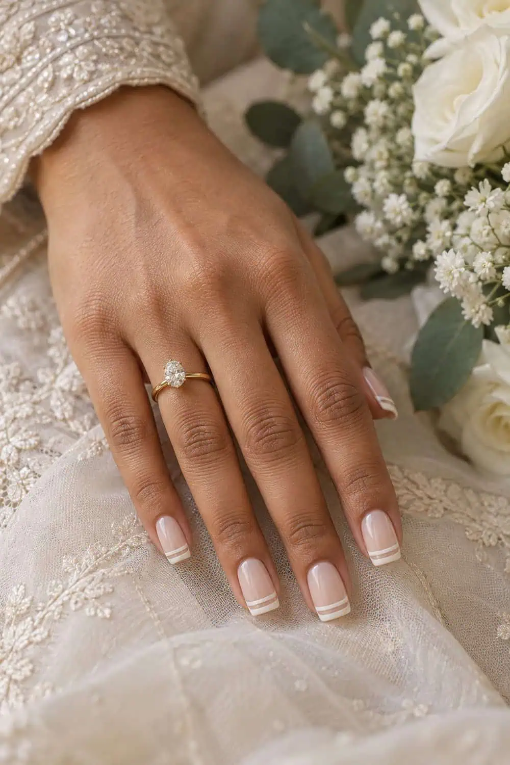 adult bride's South Asian hand with medium square nails, sheer beige base and two ultra-thin parallel ivory French tip lines, white flowers nearby