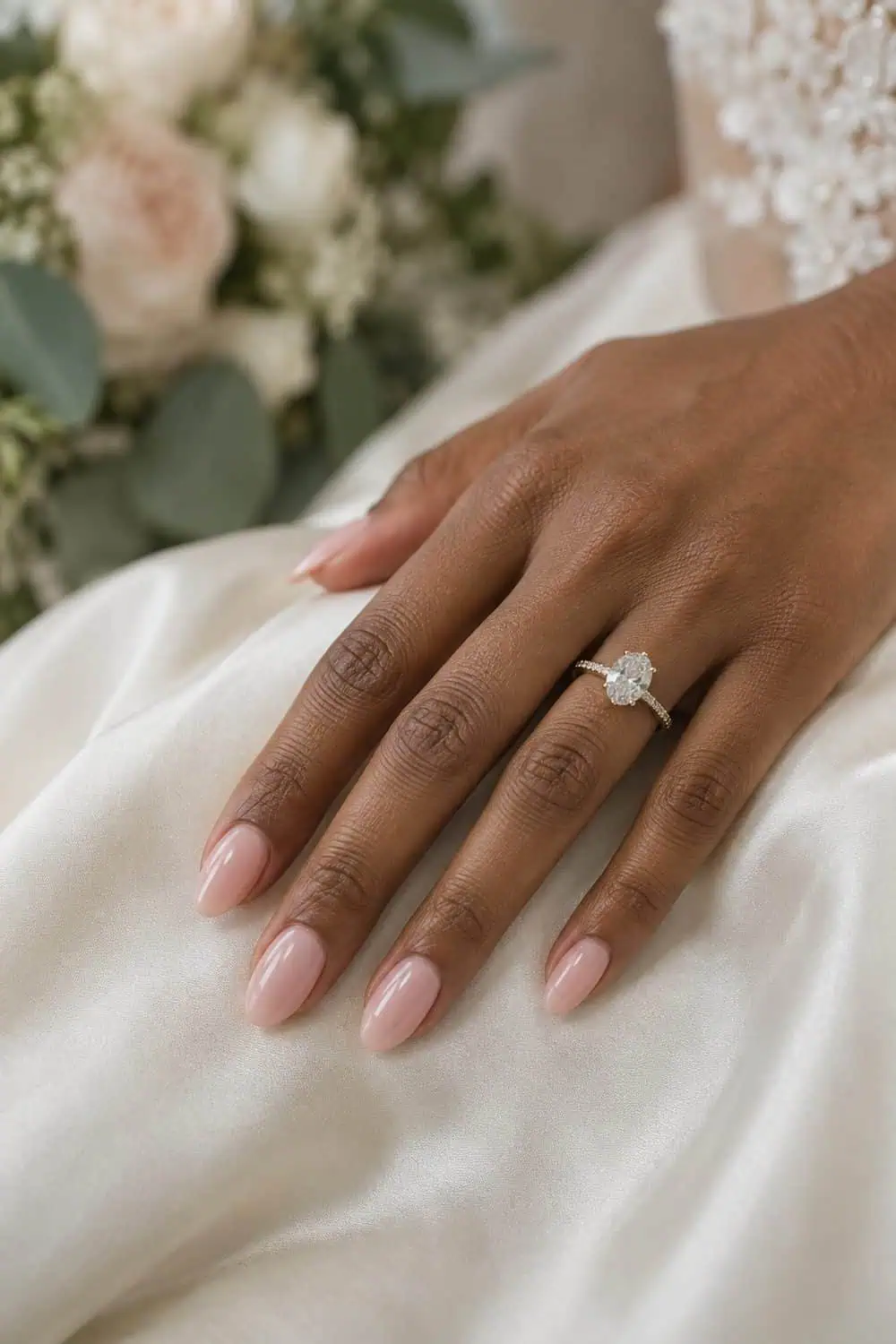 Medium-brown bridal hand with sheer pink almond nails and an engagement ring on ivory silk