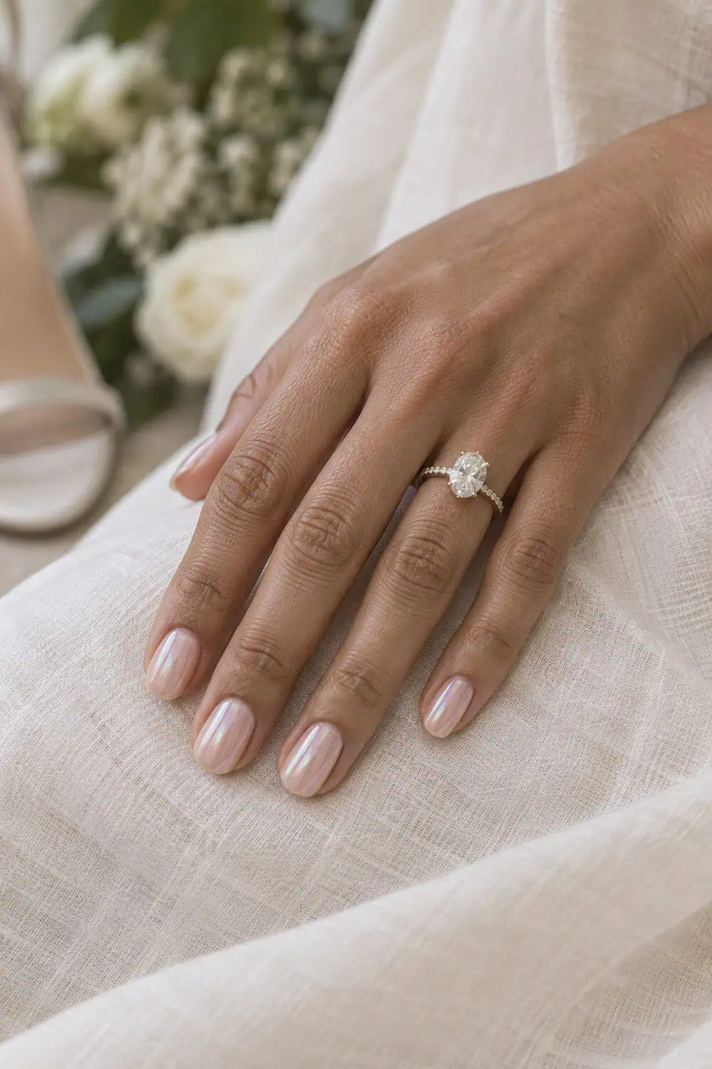 adult bride's light-brown hand with short oval nails, translucent pink base and subtle iridescent soap-bubble chrome, engagement ring visible on ivory linen