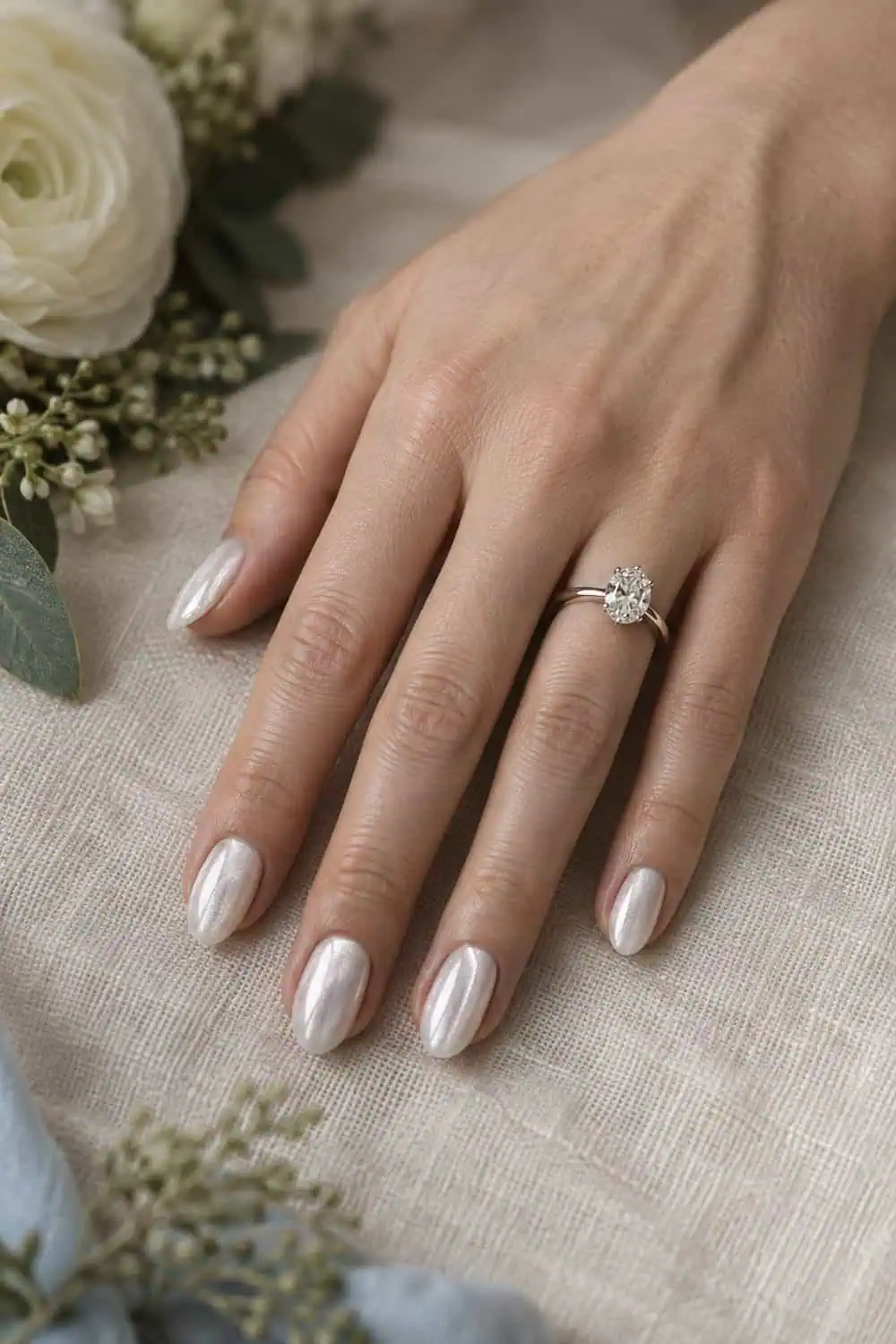 Bridal fair hand with short almond nails painted soft white magnetic velvet polish, narrow luminous bands visible, ivory linen background