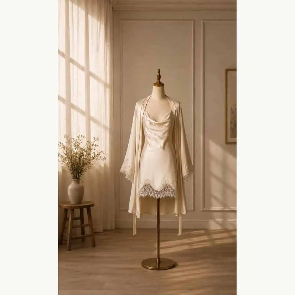 Champagne Satin Lace-Trim Robe and Nightgown Set